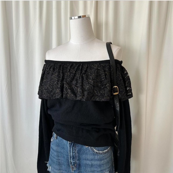 Outlander Sweaters - Vintage 1980s Outlander Off-the-shoulder  Wool Sweater with lace Black M